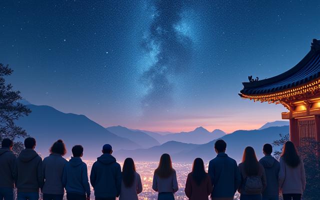 밤하늘 아래 환상적인 한국의 풍경을 바라보는 여행자들