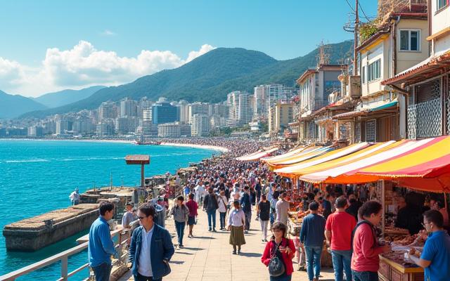 활기찬 부산 해안가의 모습과 맛있는 해산물 요리