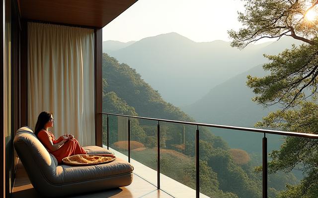 강원도 산지의 고급스러운 리조트에서 편안한 휴식을 취하는 모습