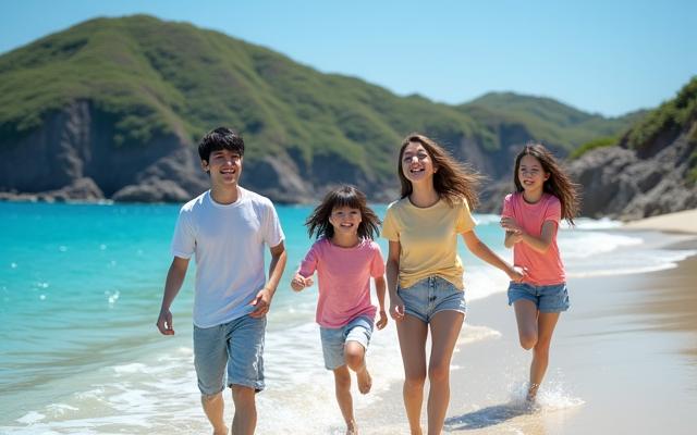 제주도의 푸른 바닷가에서 활짝 웃는 가족의 모습